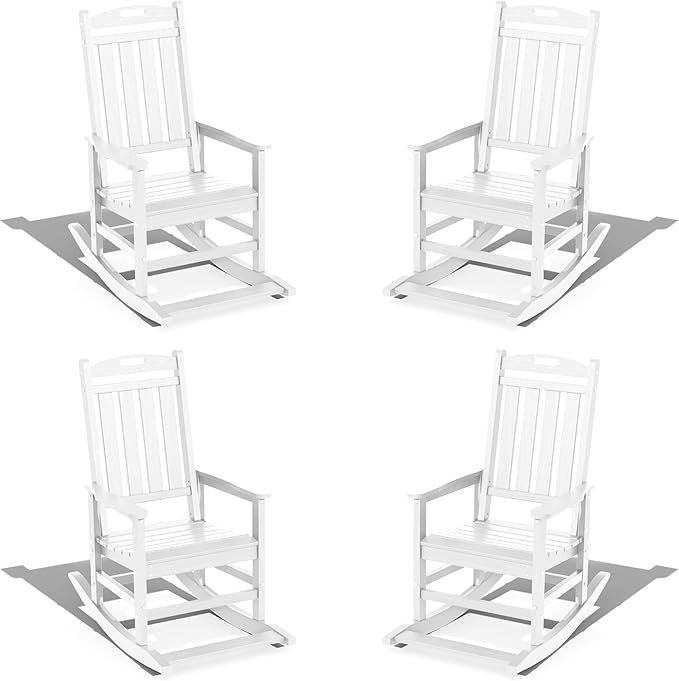 LOUNZY Outdoor Rocking Chair with Footboards Set of 4, HDPE Rocking Chair Patio Porch Rocker with 380lbs Support for Adult, White