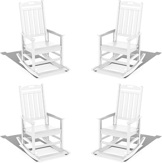 LOUNZY Outdoor Rocking Chair with Footboards Set of 4, HDPE Rocking Chair Patio Porch Rocker with 380lbs Support for Adult, White