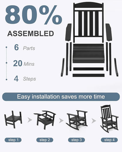 Outdoor Rocking Chairs Set of 4, Oversized High Back Patio Rocking Chairs, All Weather Porch Rocking Chairs for Outside. Black