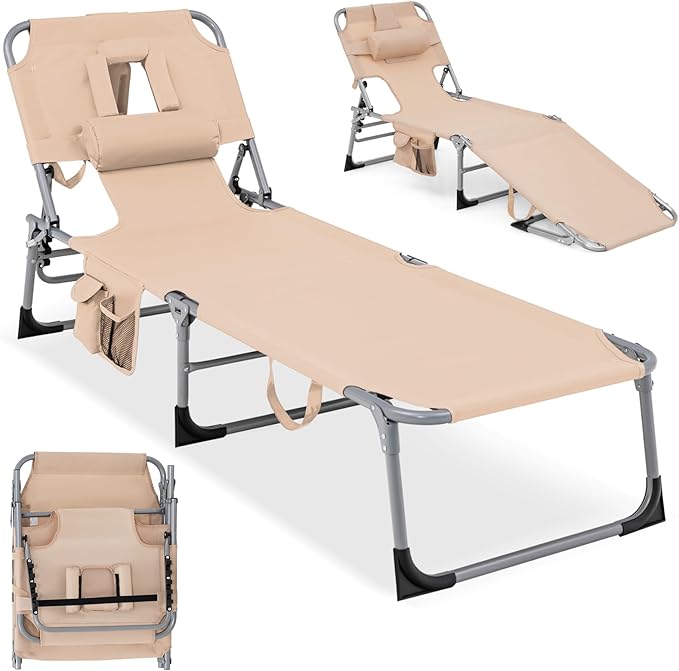 GYMAX Tanning Chair, Folding Lounger with Face/Arm Holes, Carry Handles & Side Pocket - Photo 1