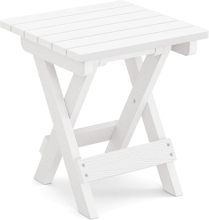 LUE BONA Small Outdoor Folding Side Table, HDPS Outside End Table for Patio, Porch, Deck, Pool, 14 Inch Height, White