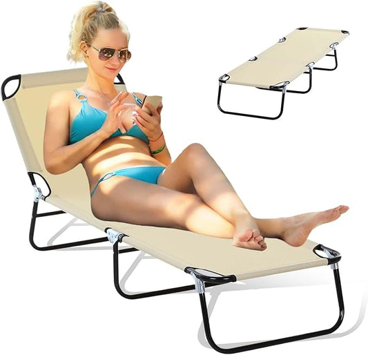 3-in-1 Heavy Duty Tanning Chair with Face Hole Adjustable 5-Position Folding Chaise Lounge Chairs Portable Lay Flat Beach Lounge Chair for Outdoor Sunbathing Patio Pool Lawn Camping Deck (Beige)