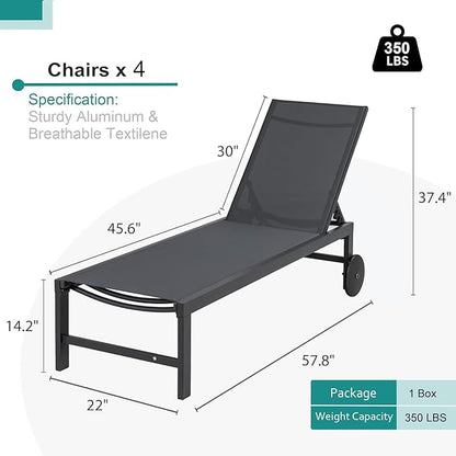 SUNLEI Lounge Chair for Outside Set of 4, Patio Chaise Lounge Outdoor w/ 5-Position Adjustable Backrest, Movable Pool Recliner Lounge Chairs, Tanning Chair for Patio, Charcoal Gray