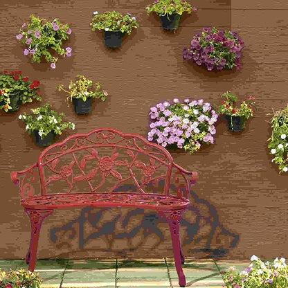 38.5” Outdoor Porch Bench with Hollow Rose Design,Elegant Garden Bench Park Bench for Backyard,Iron Bench with Arms (red)