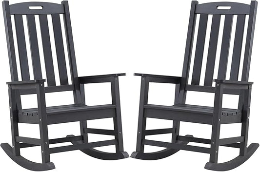 Psilvam Oversized Outdoor Rocking Chair Set of 2, Porch Rocker with 21" Wide Seat and 32" Tall Backrest, Pre-Assembled with Most Components for Effortless Installation (Carbon Black)