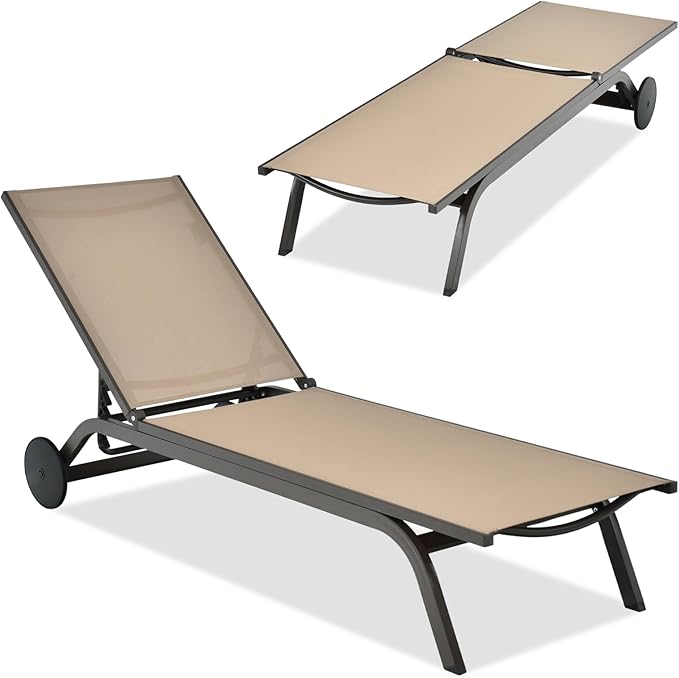 COSTWAY Outdoor Patio Chaise Lounge, 6-Position Adjustable Pool Lounger with Stable Aluminum Frame, Portable Sun Bathing Lounge Chair on Wheels for Backyard Garden, Brown