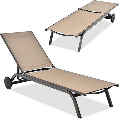 COSTWAY Outdoor Patio Chaise Lounge, 6-Position Adjustable Pool Lounger with Stable Aluminum Frame, Portable Sun Bathing Lounge Chair on Wheels for Backyard Garden, Brown