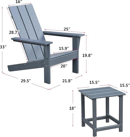 Grey Outdoor Adirondack Chair Set of 2 and Table, Ergonomic All-Weather Fire Pit Patio Lawn Chairs for Backyard Garden Deck Balcony