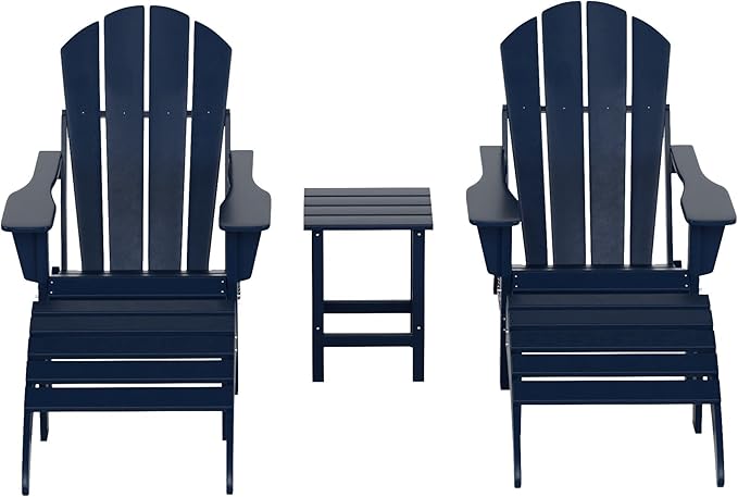 WestinTrends Malibu Outdoor Lounge Chairs Set, 5-Pieces Adirondack Chair Set of 2 with Ottoman and Side Table, All Weather Poly Lumber Patio Lawn Folding Chair for Outside, Navy Blue