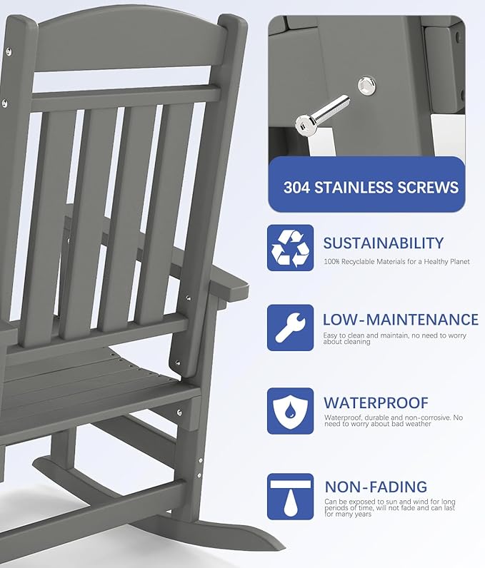 FOOWIN Outdoor Rocking Chair, High Back Patio Rocking Chair, HDPE All Weather Resistant Porch Rocker for Adult, Oversized Rocking Chairs for Garden, Lawn, Indoor & Outdoor Use, Grey