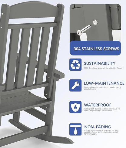 FOOWIN Outdoor Rocking Chair Set of 4, High Back Patio Rocking Chair, HDPE All Weather Resistant Porch Rocker for Adult, Oversized Rocking Chairs for Garden, Lawn, Indoor & Outdoor Use, Grey