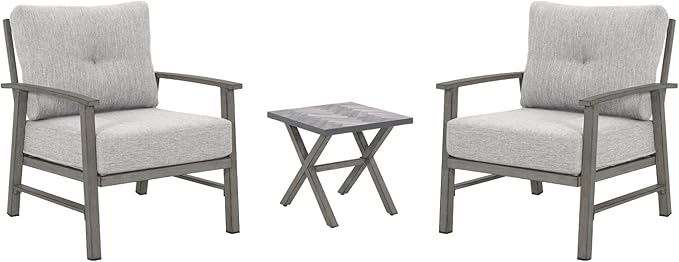 Aluminum Patio Furniture Set, 3 Pieces Outdoor Patio Bistro Set with Washable Thick Cushions, All Weather Patio Conversation Set with Coffee Table for Porch, Balcony, Lawn, Limed Oak