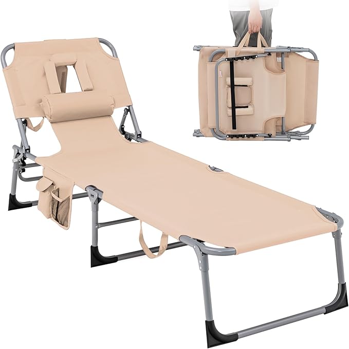 Tangkula Tanning Chair with Face Hole, Patio Folding Adjustable Reclining Beach Sunbathing Lounge Chair with Side Pocket - Photo 1