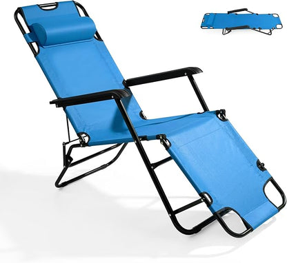 Outvita Folding Chaise Lounge Chair, Outdoor Adjustable Recliner Chair with Pillow for Camping, Beach, Poolside, Garden, Backyard, Lawn