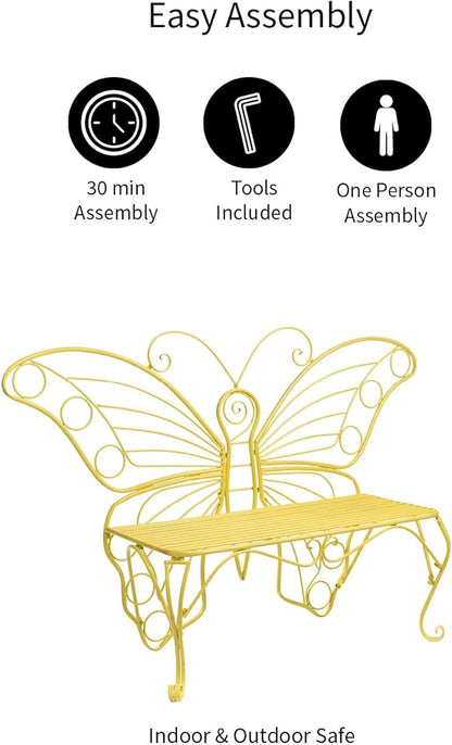 Plow & Hearth Weatherproof Butterfly Outdoor Bench | Holds Up to 300 lbs | Garden Patio Porch Park Deck | Metal | Yellow