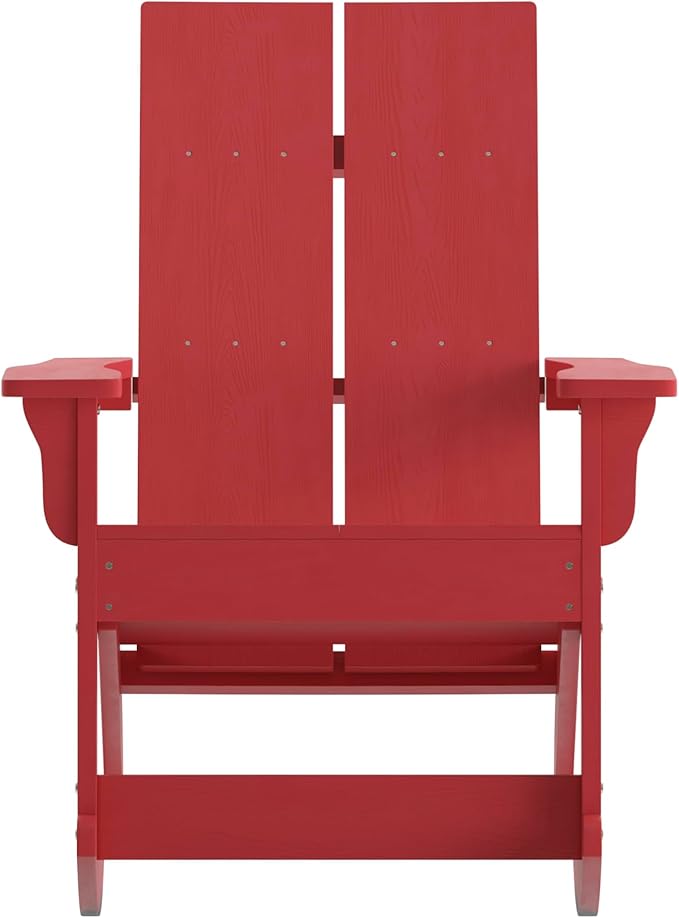 Flash Furniture Finn Modern Commercial Grade Poly Resin Wood Adirondack Rocking Chair - All Weather Red Polystyrene - Dual Slat Back - Stainless Steel Hardware