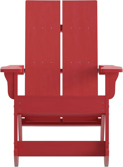 Flash Furniture Finn Modern Commercial Grade Poly Resin Wood Adirondack Rocking Chair - All Weather Red Polystyrene - Dual Slat Back - Stainless Steel Hardware
