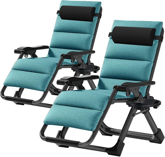 ABORON 2 Pack Zero Gravity Chair, Outdoor Lounge Chairs Sun Loungers with Removable Cushion,Headrest,Cup Holder,Reclining Patio Lounger Chair for Indoor and Outdoor