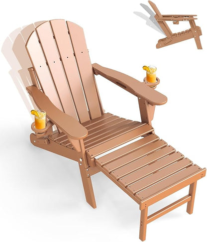 GREENVINES Adjustable Adirondack Chair with Retractable Ottoman | Folding | HDPE Plastic | Fire Pit Chairs w/Foot Rest | 2 Cup Holders | Teak | for Outdoor Patio Poolside Deck