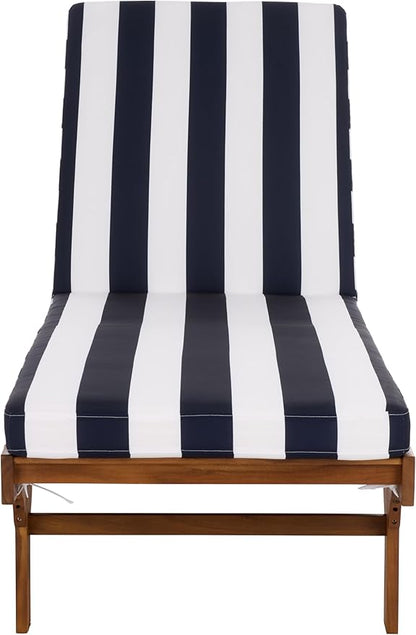 SAFAVIEH Outdoor Patio Furniture Collection - Newport Natural Solid Wood Chaise Lounge Chair with Navy Stripe Cushion, Adjustable Backrest (PAT7316F)