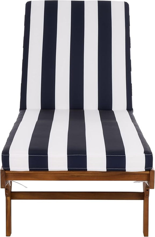 SAFAVIEH Outdoor Patio Furniture Collection - Newport Natural Solid Wood Chaise Lounge Chair with Navy Stripe Cushion, Adjustable Backrest (PAT7316F)