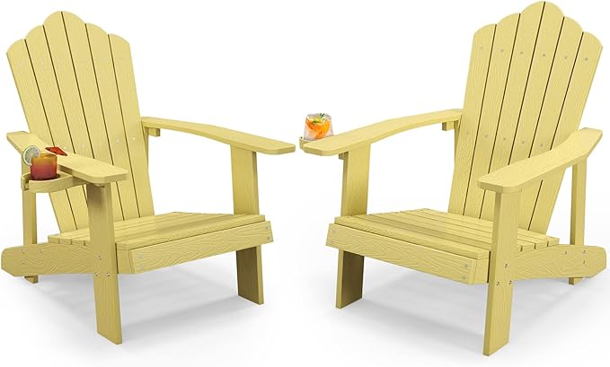 Tangkula Oversized Adirondack Chair, Patio Lounge Chairs w/Adjustable Cup Holder, HIPS Armchairs Slatted Chair, Outdoor Weather Resistant Fire Pit Chair for Deck Backyard Garden Porch (2, Yellow)