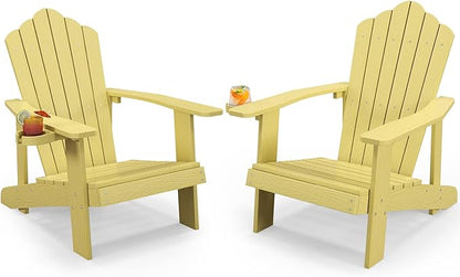 Tangkula Oversized Adirondack Chair, Patio Lounge Chairs w/Adjustable Cup Holder, HIPS Armchairs Slatted Chair, Outdoor Weather Resistant Fire Pit Chair for Deck Backyard Garden Porch (2, Yellow)