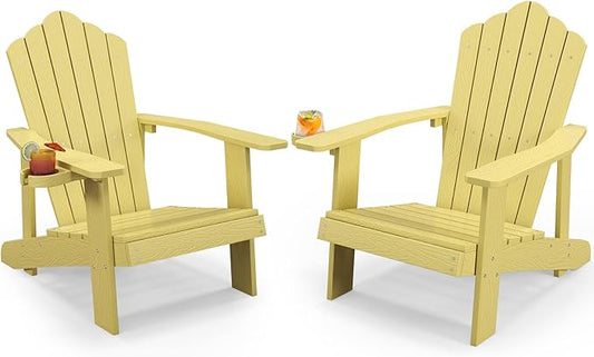 Tangkula Oversized Adirondack Chair, Patio Lounge Chairs w/Adjustable Cup Holder, HIPS Armchairs Slatted Chair, Outdoor Weather Resistant Fire Pit Chair for Deck Backyard Garden Porch (2, Yellow)