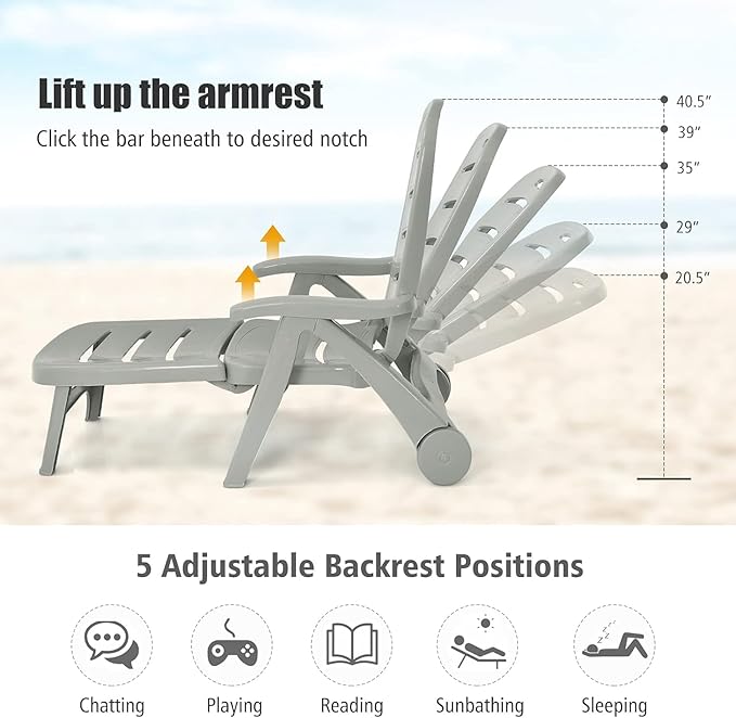 LDAILY Moccha Plastic Folding Lounge Chair, 5-Position Adjustable Chaise Lounge with 2 Rolling Wheels, Armrest, Outdoor Chaise Chair for Patio, Beach, Backyard, Poolside, Home (1, Grey)