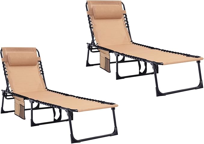 Patio Lounge Chair 2 PCS Folding Chaise Bed - Heavy-Duty 400lb Capacity Portable Adjustable Recliner w/Pillow for Pool - Photo 1