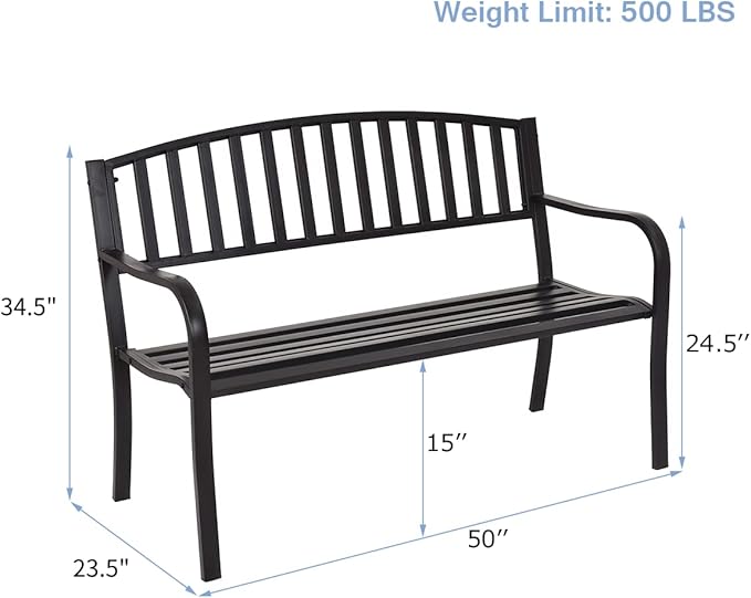 Tangkula 50 Inch Outdoor Steel Garden Bench Park Bench, Patio Chair Garden Bench with High Back & Rustproof Armrests, Ideal Bench for Lawn, Yard, Porch, Deck & Poolside