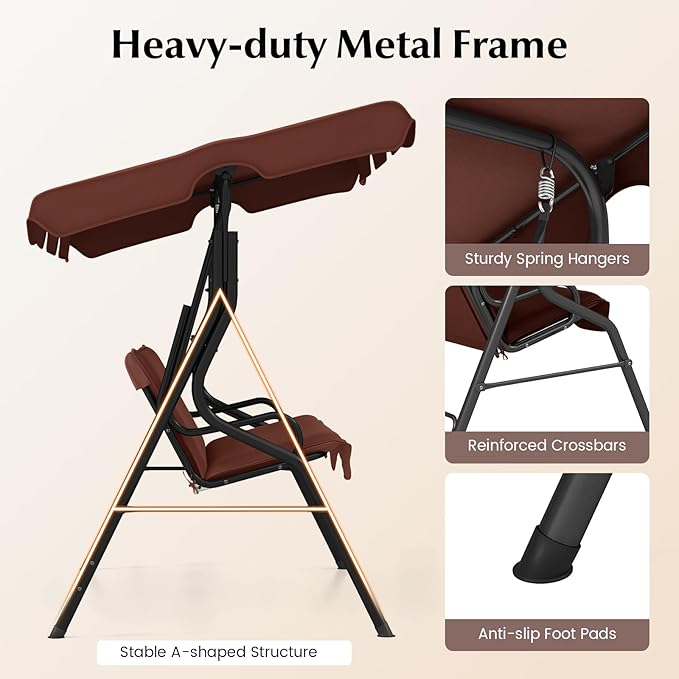 RELAX4LIFE 3-Person Porch Swing Chair - Outdoor Swing w/Adjustable Canopy, Removable Cushion & Metal Frame Stand - Photo 7