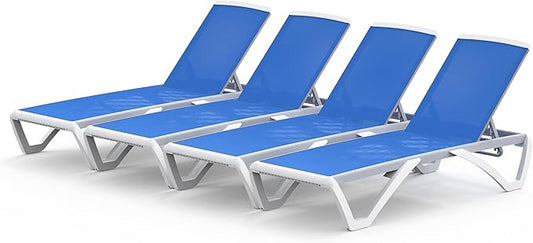Domi Chaise Lounge Outdoor Set of 4, Patio Lounge Chair with Aluminum Frame, All Weather Pool Lounge Chair for Deck Lawn Backyard, Blue Textilene