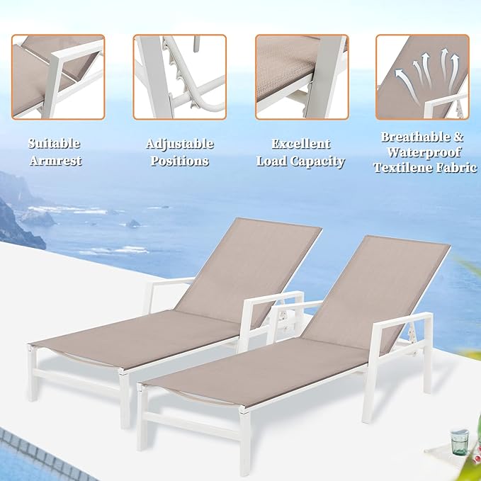 Aluminum Chaise Lounge Chairs Set of 2,5 Adjustable Outdoor Lounge Chaise Chairs,Patio Chaise Lounge with Armrests,for Beach Poolside,Balcony,Yard(Light Taupe)