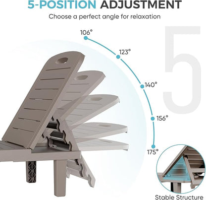 Outdoor Chaise Lounge Set of 6, 5-Position Adjustable Sun Lounge w/Pull-Out Tray, Waterproof PP Lounge Chairs for Outside, Lounge Chairs for Poolside, Patio, Beach, Yard in All Weather,Taupe