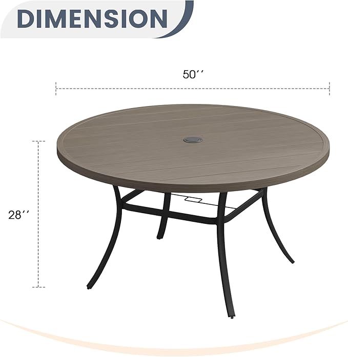 Patio Dining Table for 6-8, Round Metal Outdoor Table with 1.57" Umbrella Hole, 50" Outdoor Slat Tabletop Dining Table for Backyard, Porch, Lawn, Grey