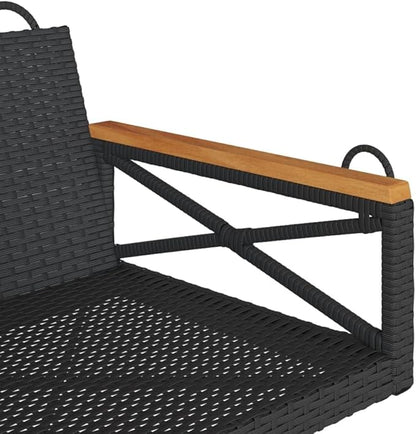 Modern 1-Seater Swing Chair Bench Black PE Rattan with Powder-Coated Steel Frame and Solid Acacia Wood for Outdoor Patio Garden Relaxation Lounging