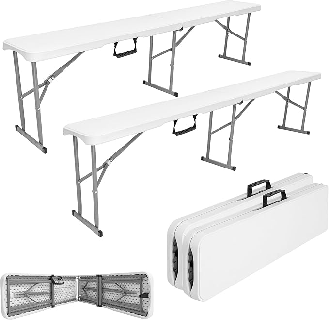 CHRONELL 6FT Folding Bench Portable, 6 Foot Plastic Foldable Chair with Carrying Handle & Lock, Waterproof Outdoor Bench in Garden Picnic Camping Dining Party Seat for Soccer Activities, 2 Pack C