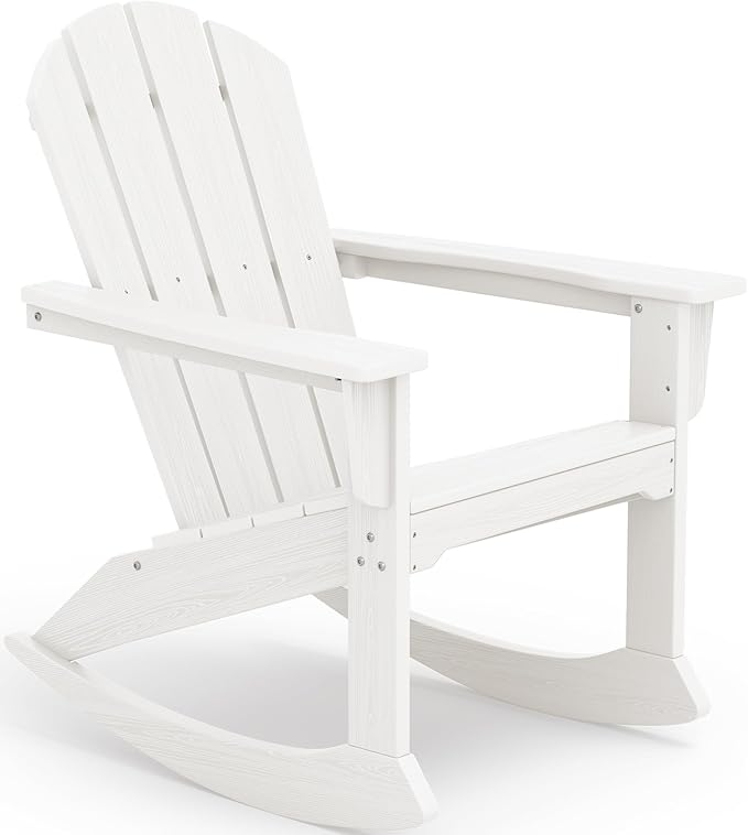 SERWALL Outdoor Adirondack Rocking Chair, All-Weather HDPE Adirondack Rocker Chair, Front Porch Rocker Chairs for Patio Lawn Porch Deck, White
