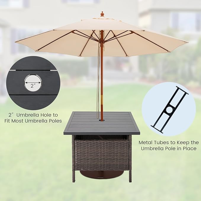 HAPPYGRILL Patio Umbrella Table Stand Rattan Outdoor Side Table with Umbrella Hole, PE Wicker Frame, for Patio Garden Deck Poolside