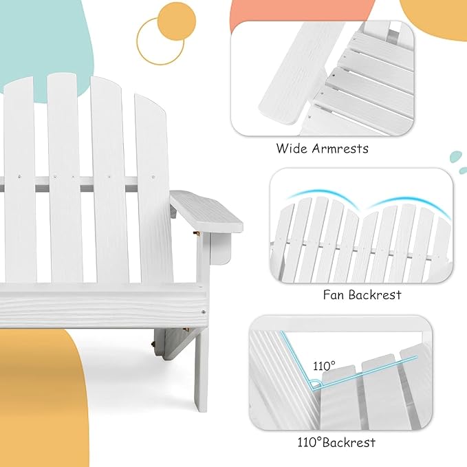 Giantex Kids 2-Seat Adirondack Chair - Fir Wood Double Loveseat with High Backrest, Arm Rest, 300 LBS Weight Capacity, Outdoor All Weather Porch Chair for Balcony, Backyard, Poolside, Yard (1, White)