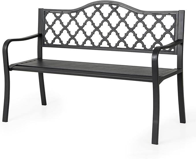 Giantex Metal Outdoor Bench with Backrest, Curved Armrests, Slatted Seat for 2-3 Persons, Load 660 lbs, 47''x16'' Heavy-Duty Seating, Patio Garden Bench for Backyard, Poolside, Porch, Park, Black