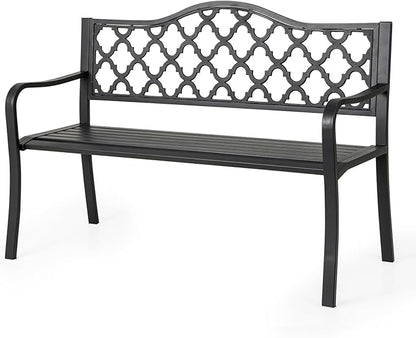 Giantex Metal Outdoor Bench with Backrest, Curved Armrests, Slatted Seat for 2-3 Persons, Load 660 lbs, 47''x16'' Heavy-Duty Seating, Patio Garden Bench for Backyard, Poolside, Porch, Park, Black