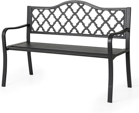 Giantex Metal Outdoor Bench with Backrest, Curved Armrests, Slatted Seat for 2-3 Persons, Load 660 lbs, 47''x16'' Heavy-Duty Seating, Patio Garden Bench for Backyard, Poolside, Porch, Park, Black