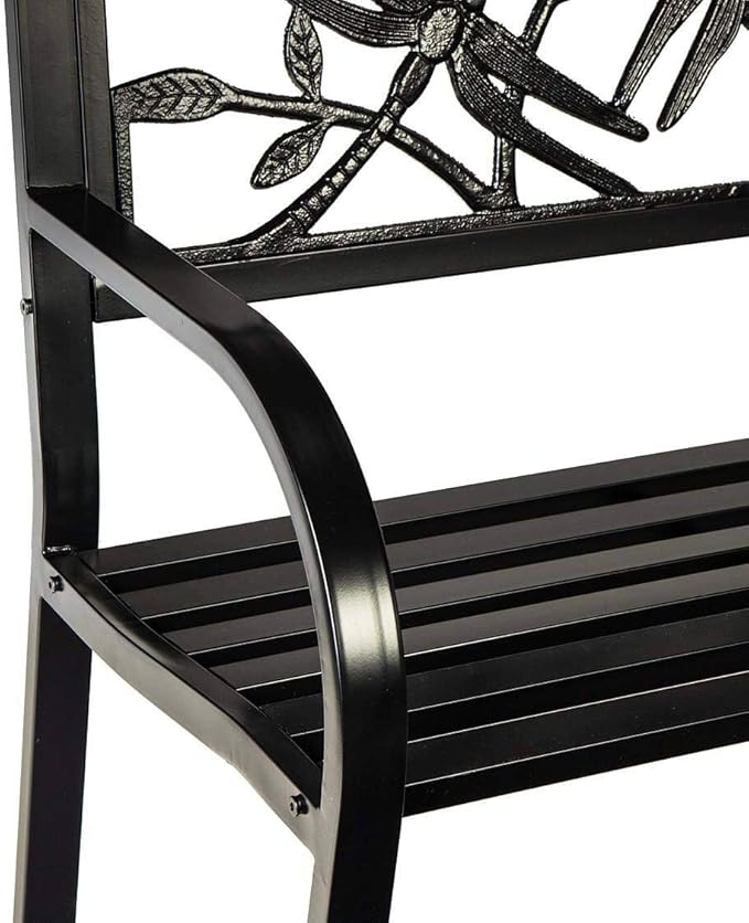 Plow & Hearth Evergreen Garden Weatherproof Dragonfly Outdoor Bench | Holds Up to 300 lbs. | Furniture for Lawn Garden Patio Porch Park Deck | Black