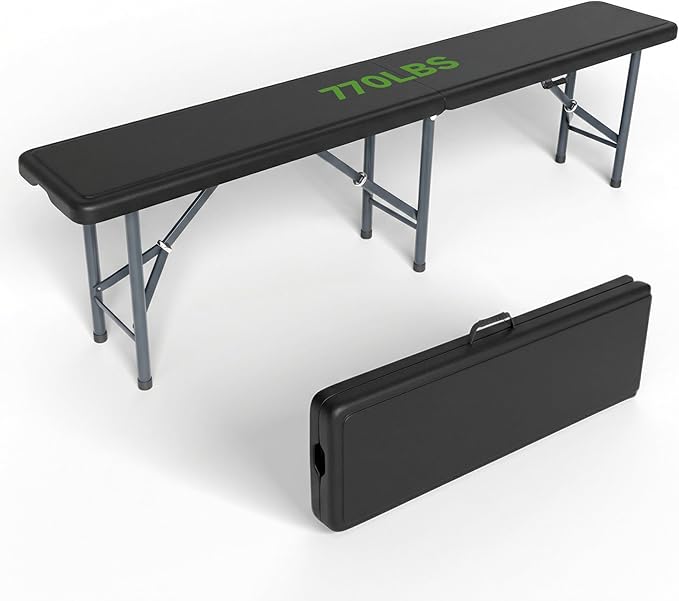 6FT Folding Bench - Heavy Duty 770lbs Capacity, Safety Locking Button & Wider Carrying Handle, Foldable Portable Bench for Outdoor, Picnic, Storage, Camping - Black, 1 Pack