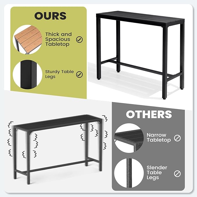 Crestlive Products Outdoor Bar Table, 43'' Rectangle Patio Counter Height Table High Pub Table with Waterproof Top and Sturdy Metal Frame for Balcony, Bistro, Garden, Backyard, Hot Tub(Black)