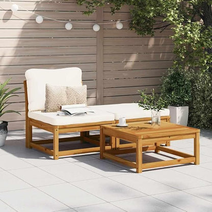 3 Piece Cream White Outdoor Sectional Sofa Set Small Patio Couch & Ottoman Modern Acacia Wood Conversation Furniture for Deck Sunroom and Balcony 28.7 x 24.8 x 25.6 in