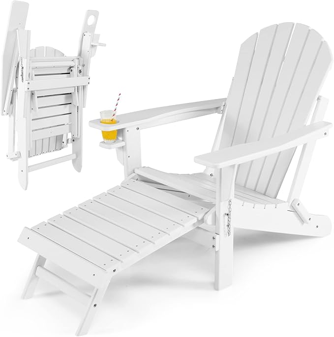 Giantex Folding Adirondack Chair, HDPE Patio Chairs Fire Pit Lounge Chair W/Retractable Ottoman & Cup Holder, Weatherproof Outdoor Adirondack Chairs for Porch, Garden, Backyard (1, White)