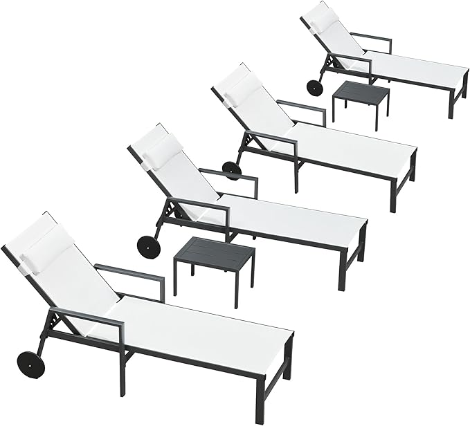 PURPLE LEAF Patio Lounge Chair Set Outdoor Chaise Lounger Aluminum Frame with Armrest 2 Side Table and Wheels for Pool Outside Sunbathing Tanning Recliner Including Pillows White